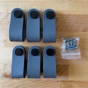 NWOT Handmade Gray & Black Leather Drawer Pulls Set of 6